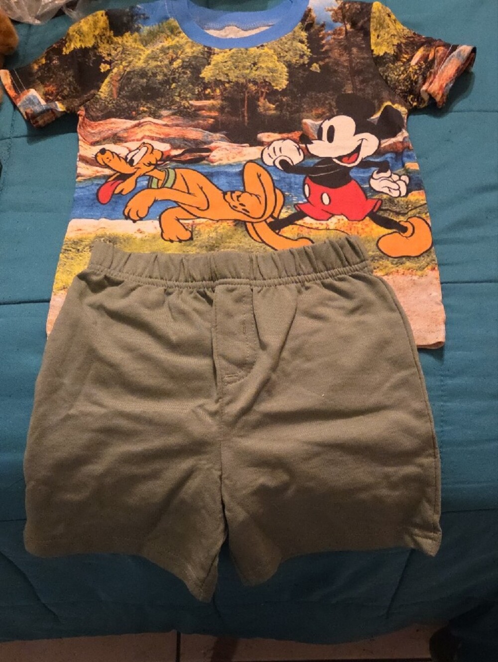 Disney Olive Green Kids Shorts with Mickey & Pluto Tee